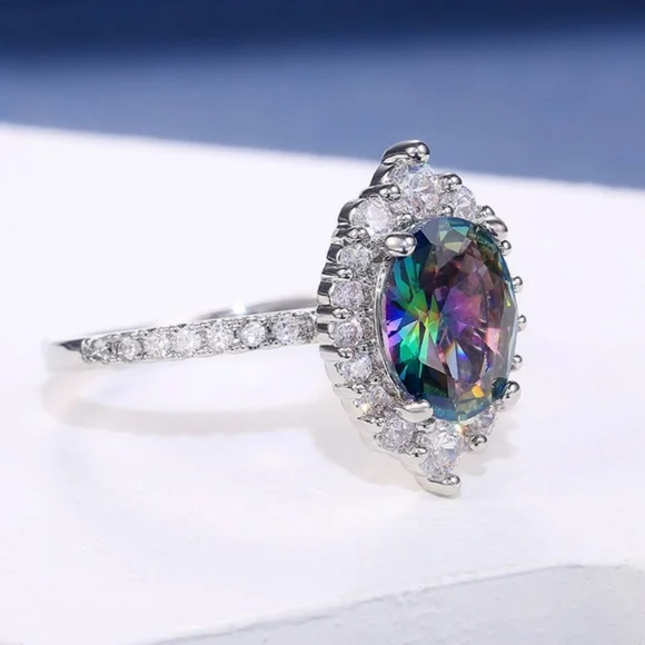 Oval Mystic Topaz Diamond Halo Silver Tone Ring - Picture 4 of 4